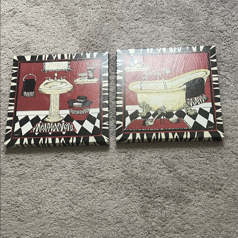 Set of 2 Red & Black Bathroom Wall Art Canvases